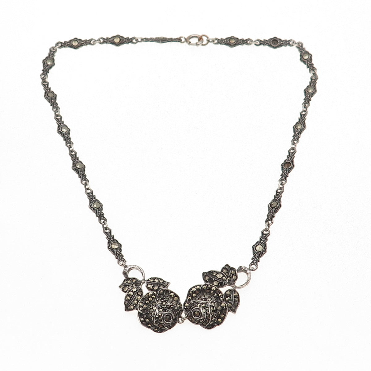 925 Sterling Antique Germany Marcasite Rose Necklace 16" (missing 19 stones)