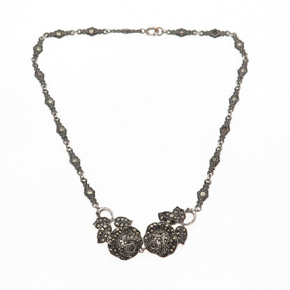 925 Sterling Antique Germany Marcasite Rose Necklace 16" (missing 19 stones)