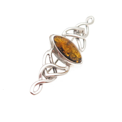 925 Sterling Silver Vintage Real Amber Celtic Knot Oxidized Pin Brooch