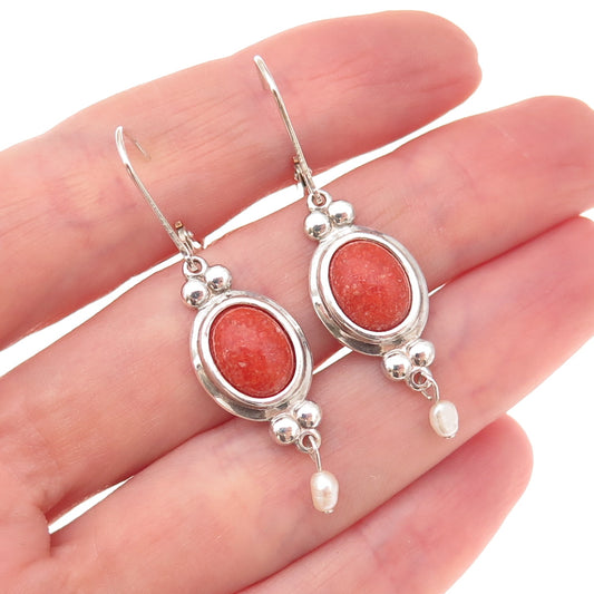 Coleman Co. 925 Sterling Silver Vintage Real Coral Inlay & Pearl Dangle Earrings