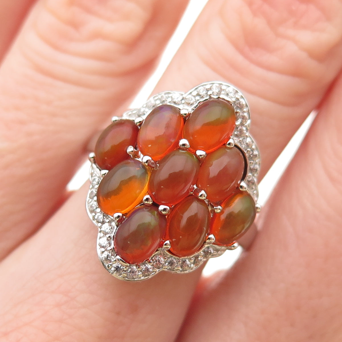925 Sterling Silver Real Fire Opal & White Topaz Cluster Ring Size 8.25
