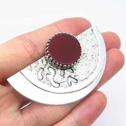 925 Sterling Silver Vintage Real Carnelian Gemstone Textured Pin Brooch