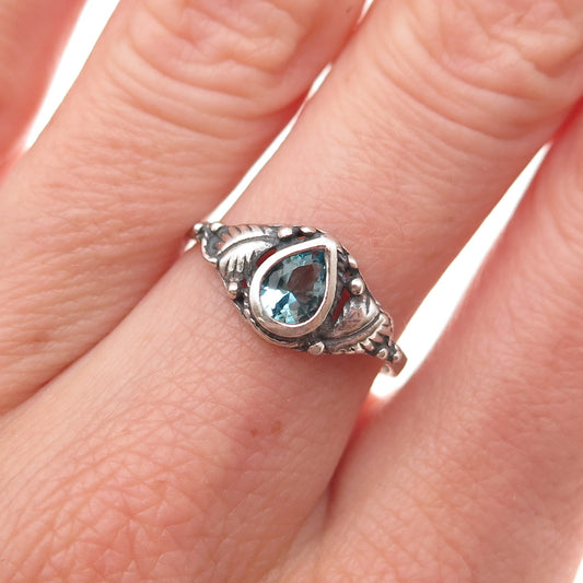 925 Sterling Silver Vintage Pear-Cut Blue C Z Floral Oxidized Ring Size 7.25