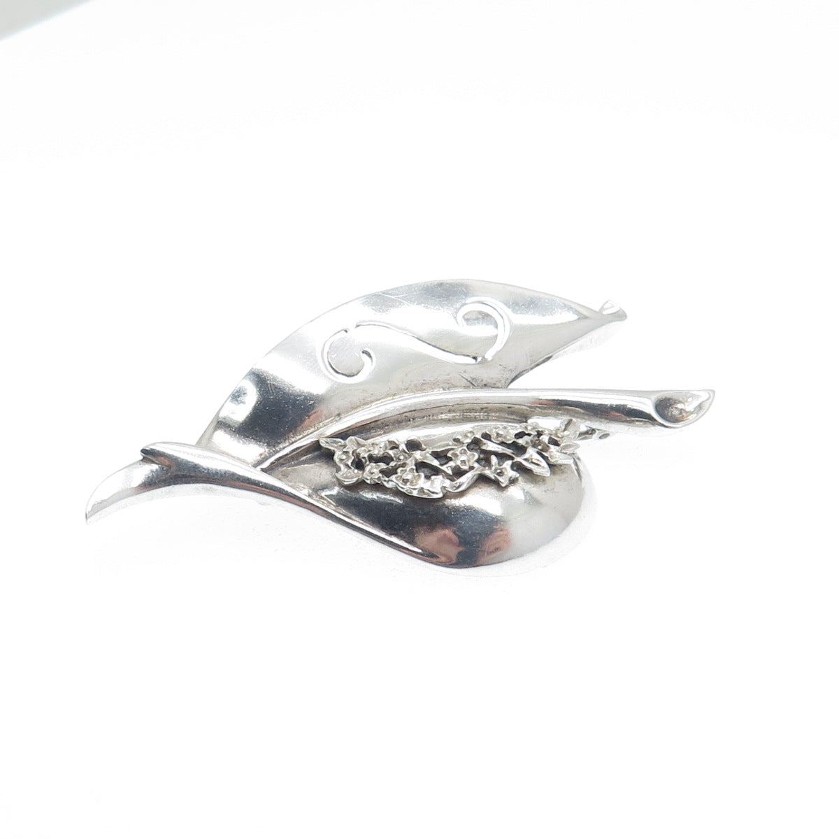 PETTELL'S 925 Sterling Silver Vintage Modernist Floral Leaf Pin Brooch