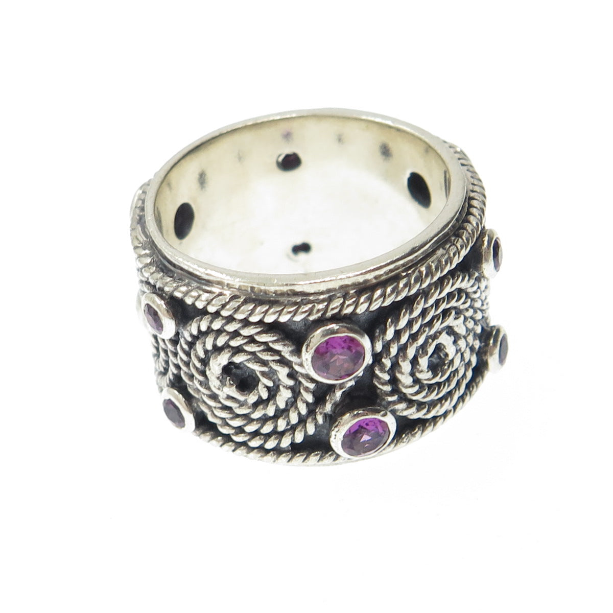 DOUG PAULUS Sterling Silver Vintage Real Amethyst Rope Swirl Band Ring Size 7.5