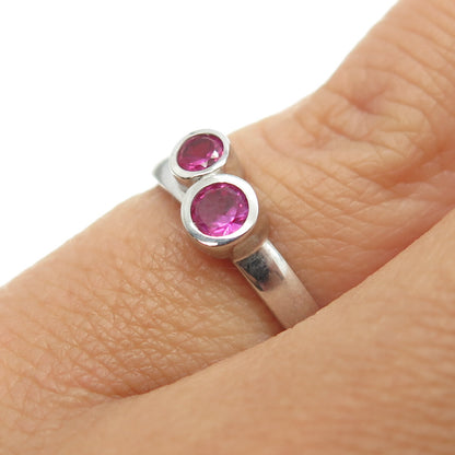 925 Sterling Silver Round-Cut Lab-Created Pink Sapphire Ring Size 4.75