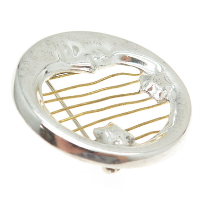 925 Sterling Silver 2-Tone Vintage Mexico Crescent Moon Pin Brooch