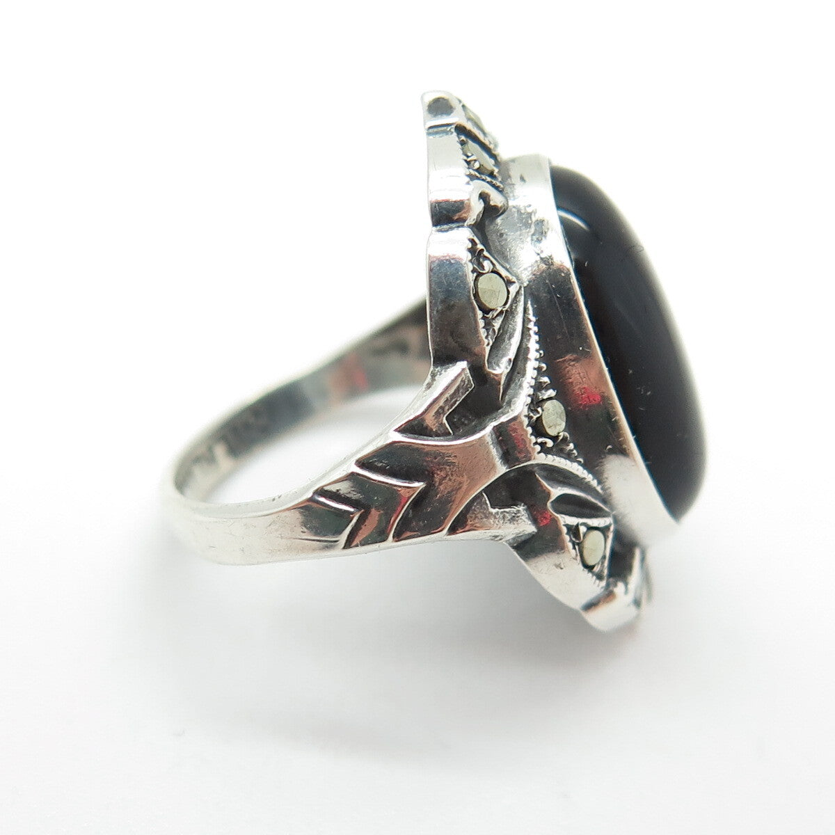 UNCAS Sterling Silver Antique Art Deco Real Black Onyx Marcasite Ring Size 3.25