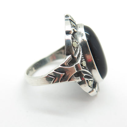 UNCAS Sterling Silver Antique Art Deco Real Black Onyx Marcasite Ring Size 3.25
