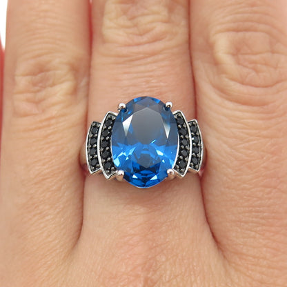 925 Sterling Silver Oval-Cut Ocean Blue C Z & Black Spinel Ring Size 7