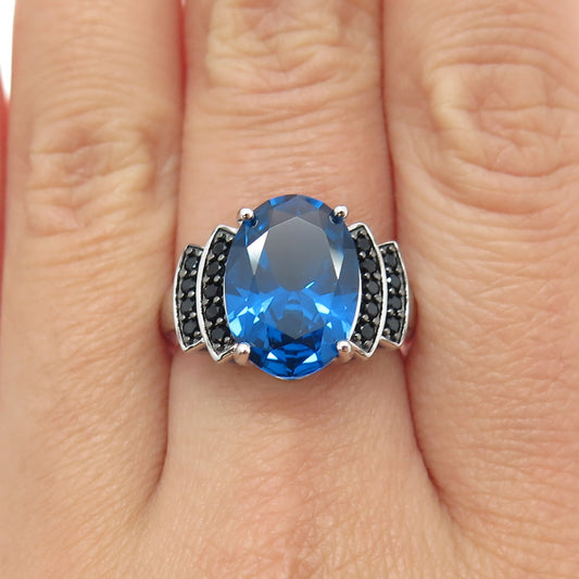 925 Sterling Silver Oval-Cut Ocean Blue C Z & Black Spinel Ring Size 7