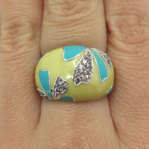 925 Sterling Silver Yellow & Blue Enamel Round-Cut C Z Floral Dome Ring Size 8