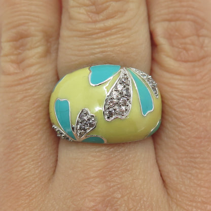 925 Sterling Silver Yellow & Blue Enamel Round-Cut C Z Floral Dome Ring Size 8