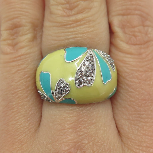 925 Sterling Silver Yellow & Blue Enamel Round-Cut C Z Floral Dome Ring Size 8