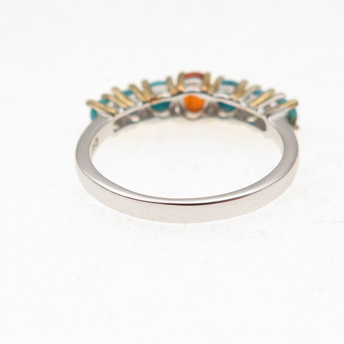 925 Sterling Silver 2-Tone Real Fire Sapphire & Turquoise Ring Size 8.25
