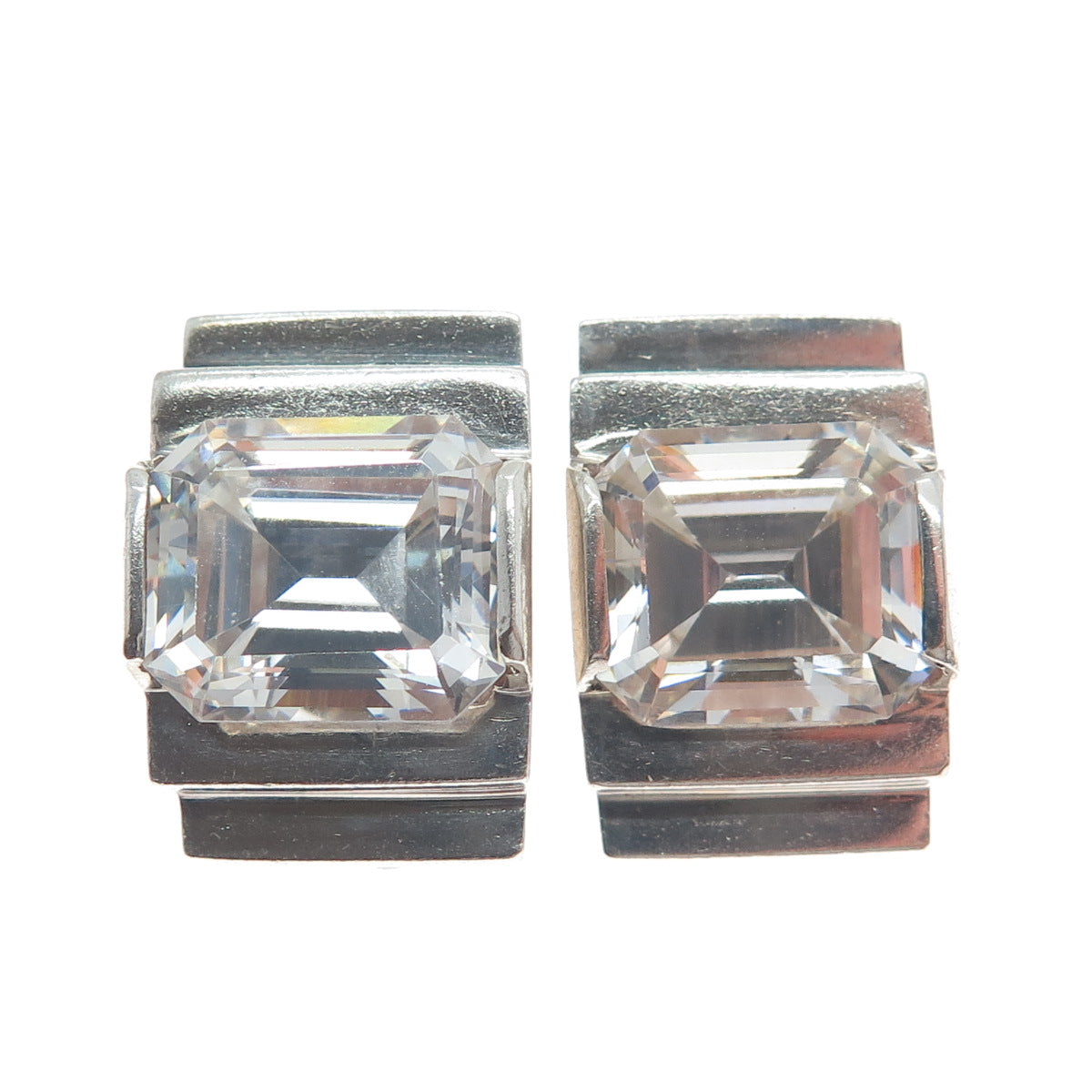 925 Sterling Silver Vintage Emerald-Cut C Z Clip On Earrings