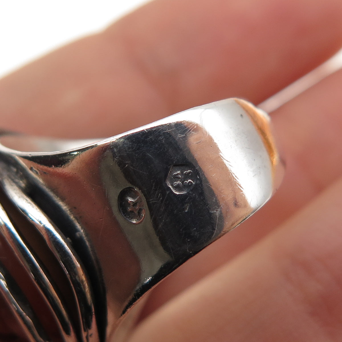 925 Sterling Vintage Spain Real Pearl & Agate Modernist Adjustable Ring Size 7.5