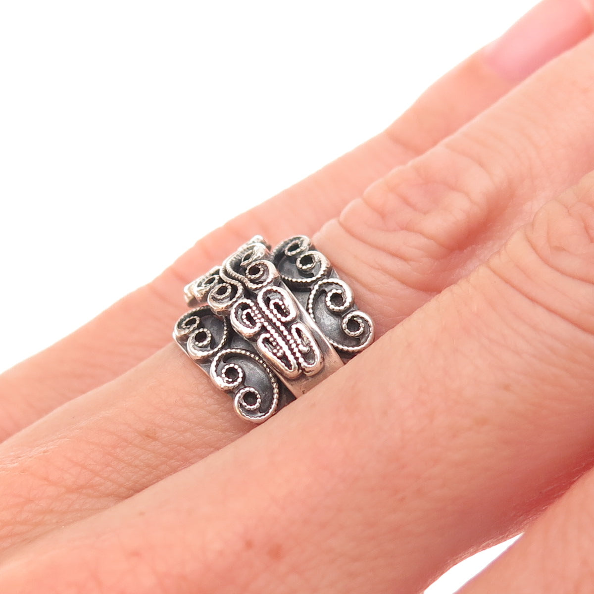 Beau Sterling Silver Antique Art Deco Heart Adjustable Oxidized Ring Size 5.25