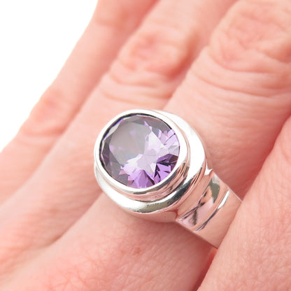925 Sterling Silver Vintage Real Oval-Cut Amethyst Modernist Ring Size 9