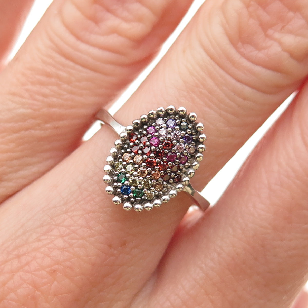 925 Sterling Silver Round-Cut Multi-Color C Z Rainbow Ring Size 7