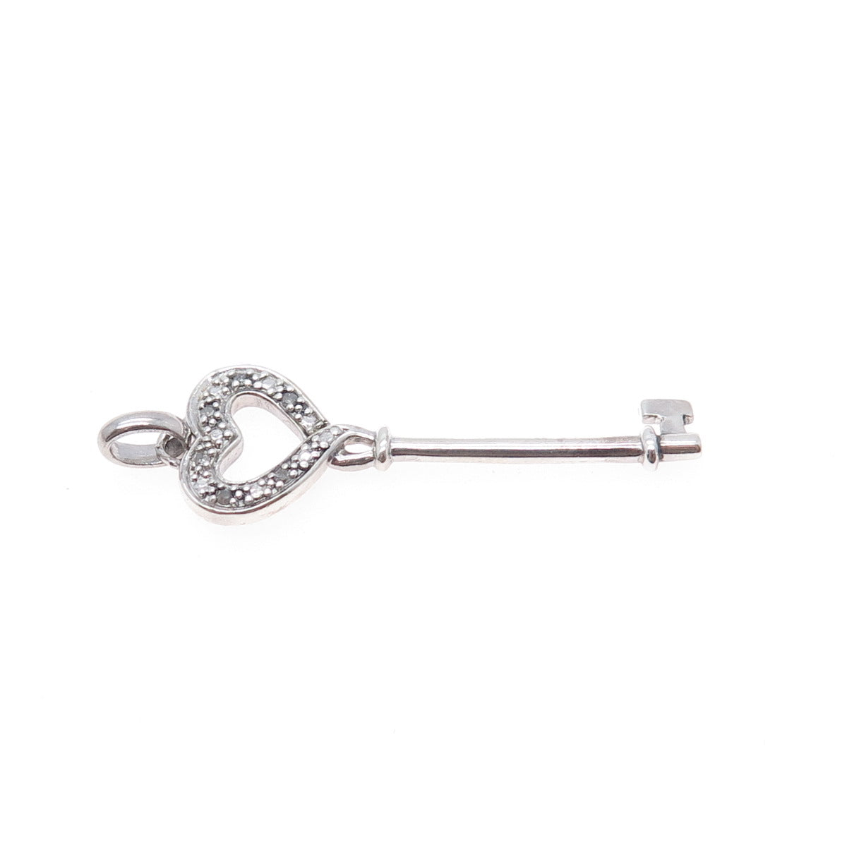 925 Sterling Silver Real Round-Cut Diamond Heart Key Charm Pendant