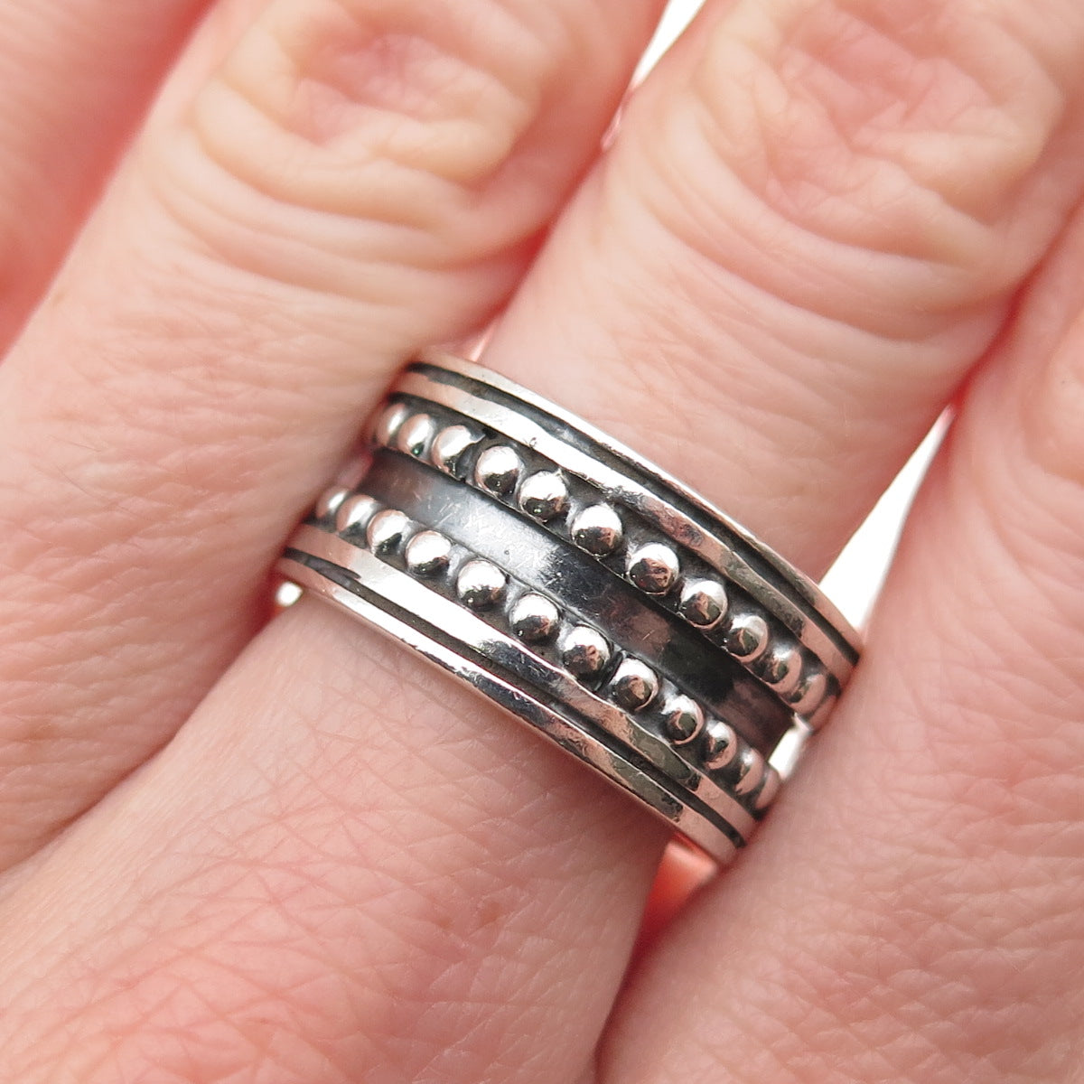 Maria Belen 925 Sterling Silver Vintage Oxidized Beaded Band Ring Size 8