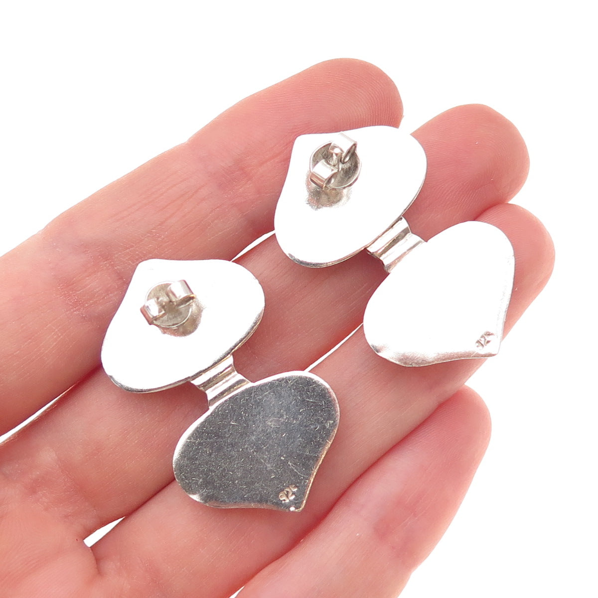 925 Sterling Silver Vintage Real Black Onyx Double Heart Oxidized Earrings