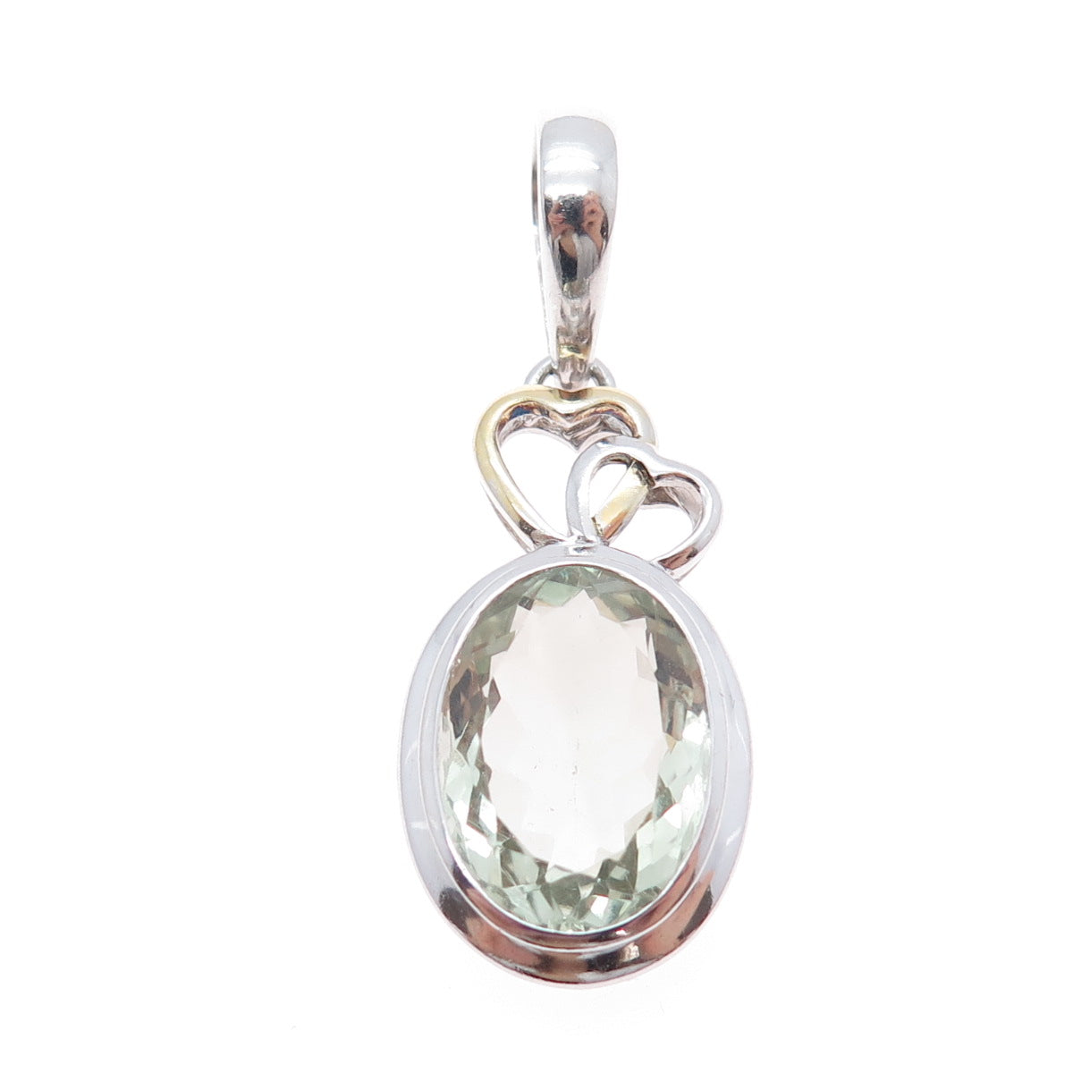 925 Sterling Silver Vintage Real Green Amethyst Couple Heart Charm Pendant