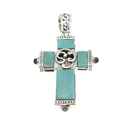 925 Sterling Silver Vintage MOP Black Onyx Turquoise Cross Dual Sided Pendant