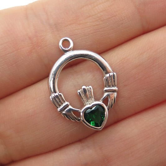 PETER STONE Sterling Vintage Real Chrome Diopside Irish Claddagh Mini Pendant