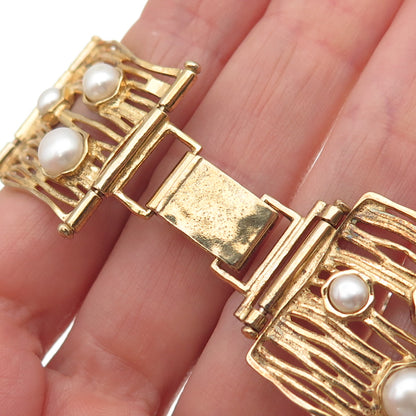 LIRM Sterling Gold Plated Vintage Israel Real Pearl Panel Link Bracelet 6.75"