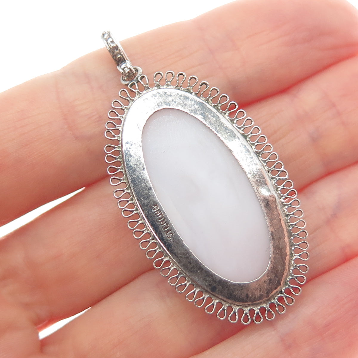 925 Sterling Silver Antique Art Deco Milky Glass Filigree Pendant