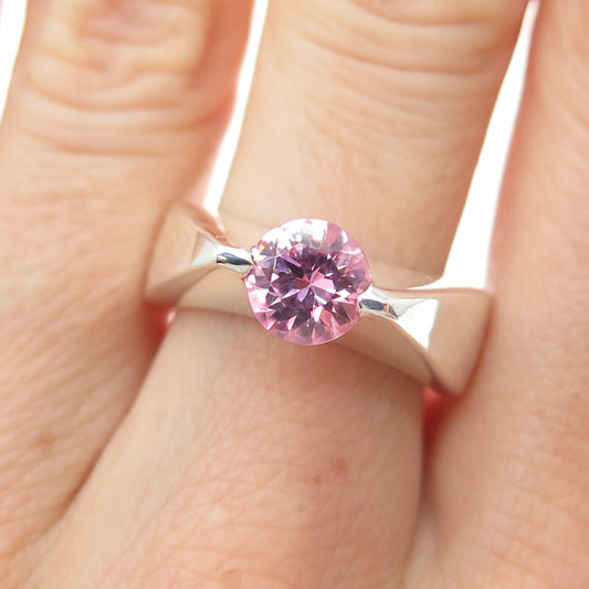 FOSSIL 925 Sterling Silver Vintage Round-Cut Pink C Z Modernist Ring Size 7.5