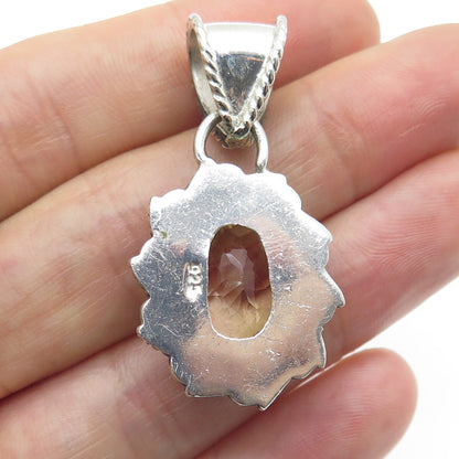 925 Sterling Silver Vintage Real Oval-Cut Citrine Floral Oxidized Pendant