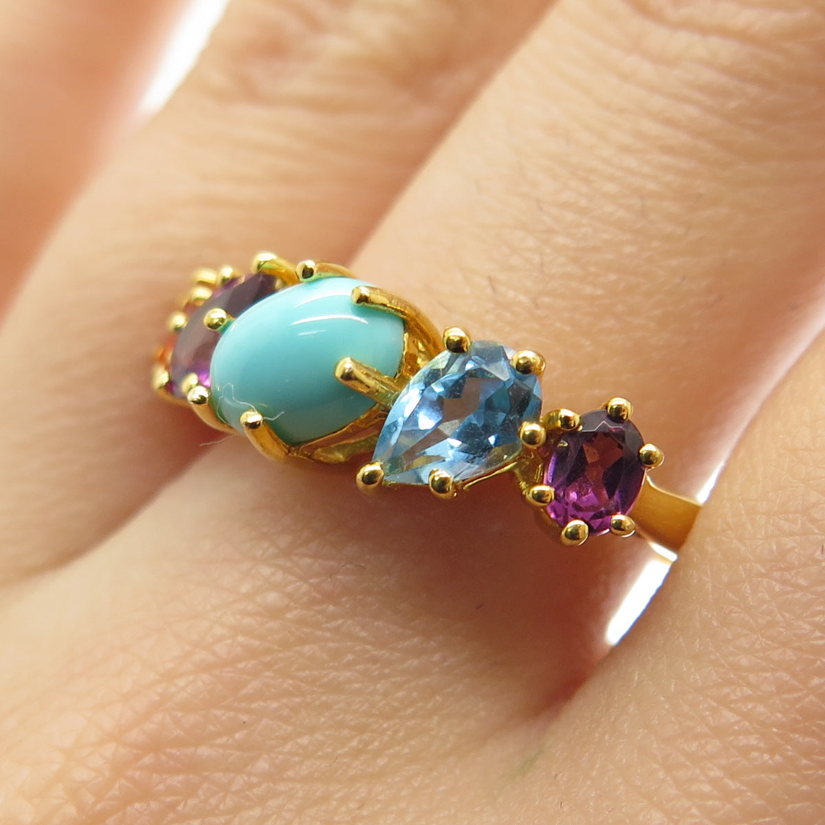 925 Sterling Silver Gold Plated Real Turquoise Topaz Amethyst & Opal Ring Size 8