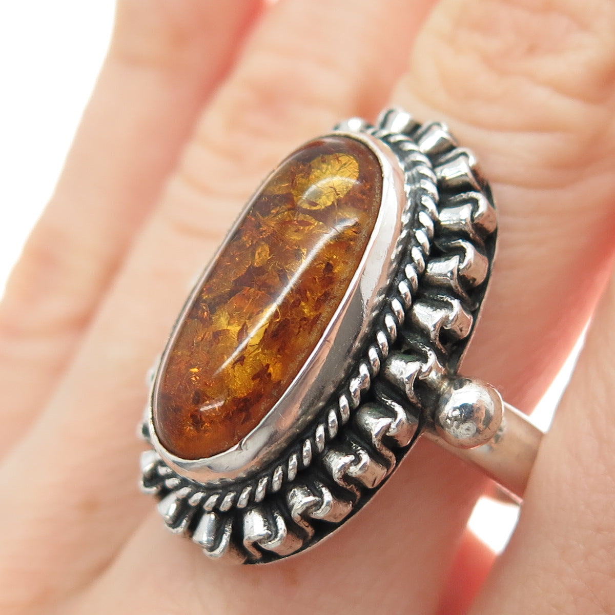 925 Sterling Silver Vintage Real Amber Modernist Oxidized Ring Size 9.5