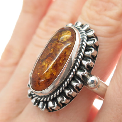 925 Sterling Silver Vintage Real Amber Modernist Oxidized Ring Size 9.5