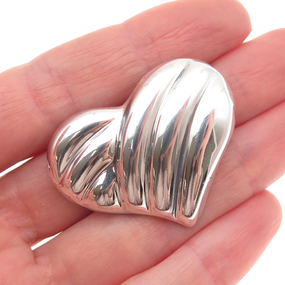 925 Sterling Silver Vintage Mexico Modernist Ribbed Heart Oxidized Pin Brooch