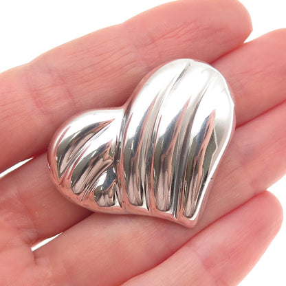 925 Sterling Silver Vintage Mexico Modernist Ribbed Heart Oxidized Pin Brooch