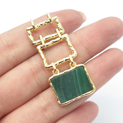 925 Sterling Silver Gold Plated Real Malachite Modernist Slide Pendant