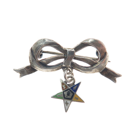 925 Sterling Silver Antique Enamel Bow Masonic Star Dangle Oxidized Brooch