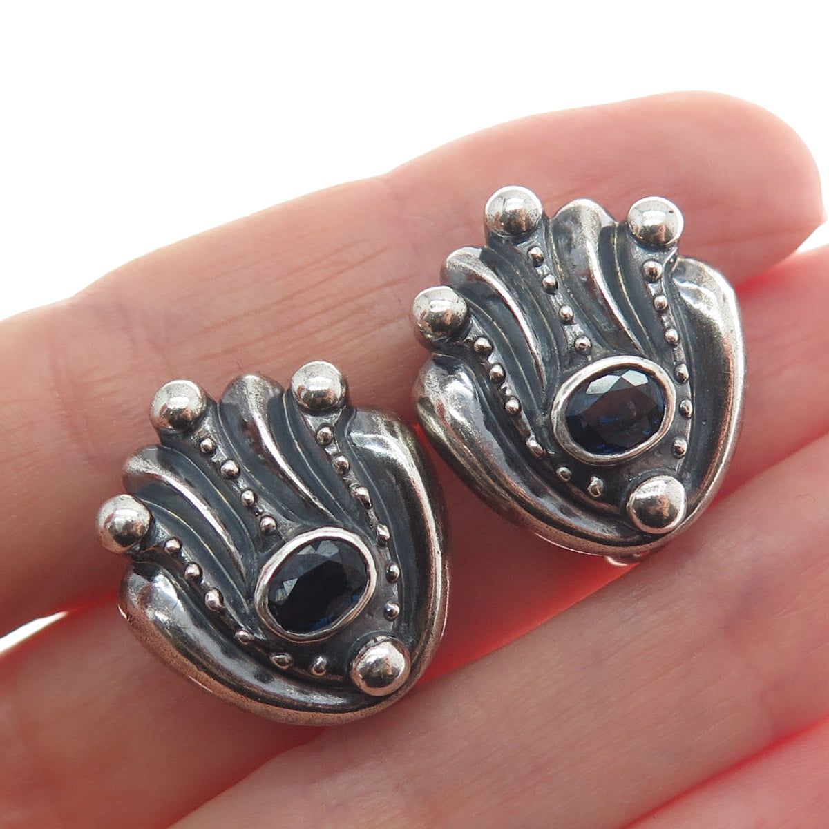 925 Sterling Silver Vintage Real Sapphire Modernist Oxidized Omega Back Earrings