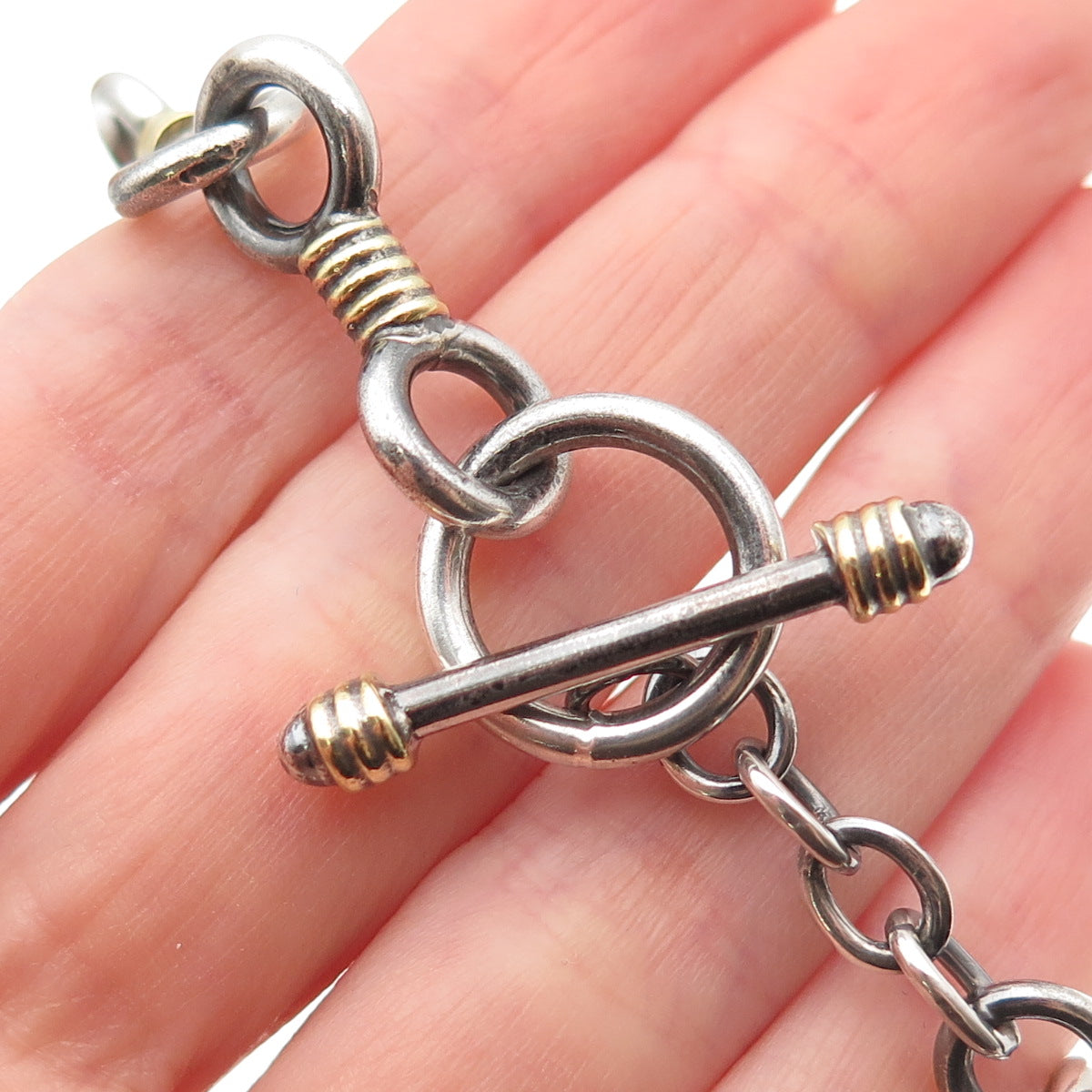 925 Sterling Silver 2-Tone Vintage Modernist Key Link Bracelet 7"