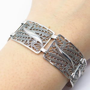 925 Sterling Silver Vintage Filigree Panel Link Bracelet 7"