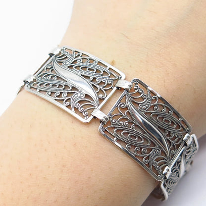 925 Sterling Silver Vintage Filigree Panel Link Bracelet 7"