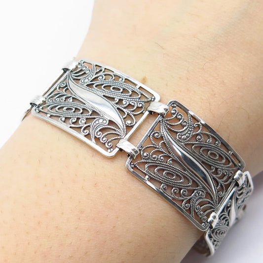 925 Sterling Silver Vintage Filigree Panel Link Bracelet 7"