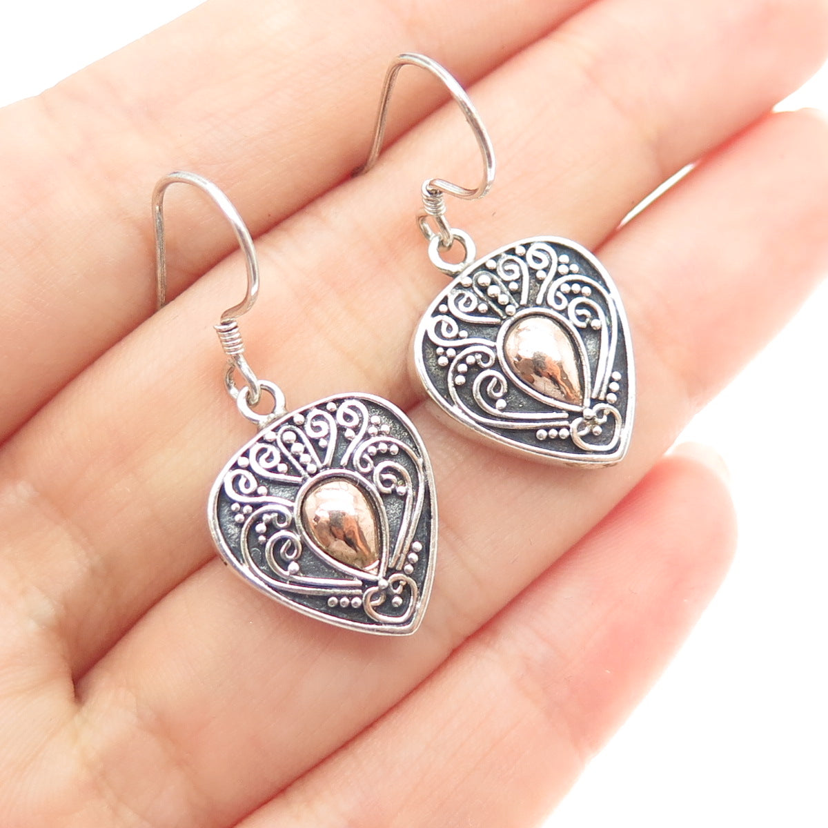 925 Sterling Silver 2-Tone Vintage Granulated Heart Oxidized Dangle Earrings