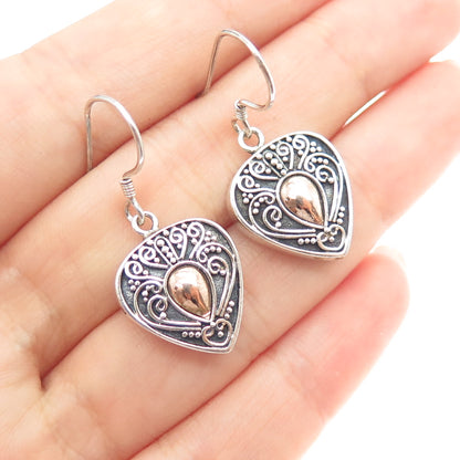 925 Sterling Silver 2-Tone Vintage Granulated Heart Oxidized Dangle Earrings