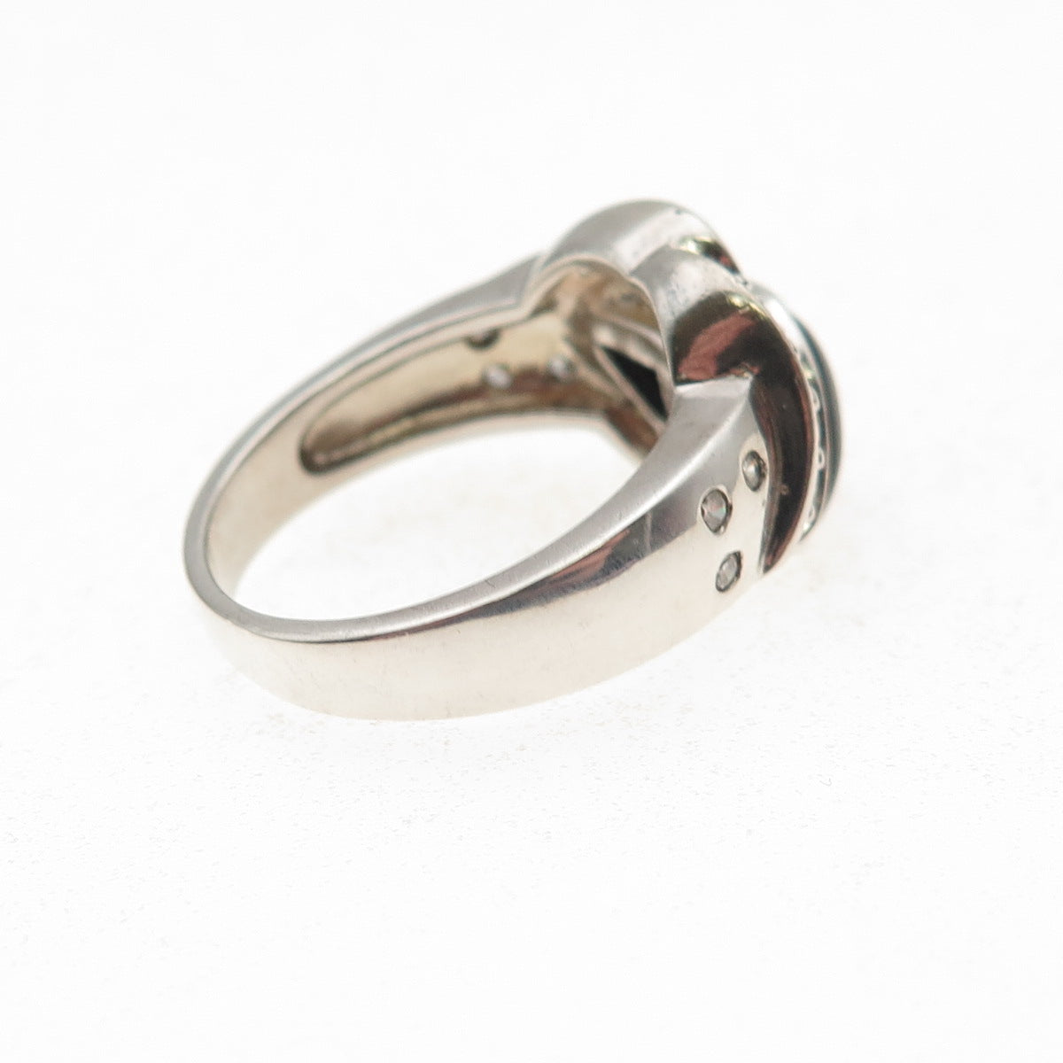 925 Sterling Silver Real Black Onyx & C Z Floral Ring Size 8