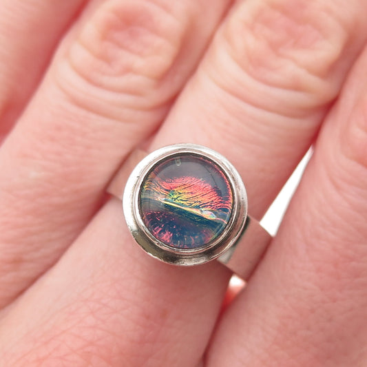 925 Sterling Silver Vintage Dichroic Glass Modernist Oxidized Ring Size 7